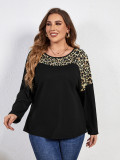 Trendy Chic Leopard Print Long Sleeve Round Neck Plus Size Top Women