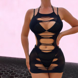 Sexy Jacquard See-Through Hollow Sexy Lingerie Straps Bodycon See-Through Mesh Low Back Patchwork Dress