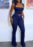 Sexy Solid Color Straps V Crop High Waist Elastic Solid Color Micro Two Piece Pants Set