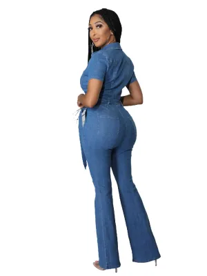 Sexy Fashion Short Sleeve Bell Bottom Denim Jumpsuit