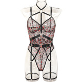 Leopard See-Through Mesh Lace-Up Sexy Underwired Bodysuit Lingerie