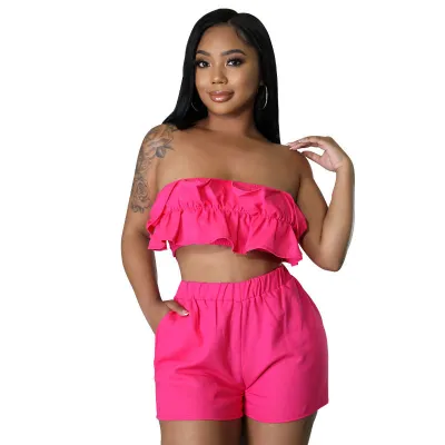 Women's Fashion Solid Strapless Two-Piece Shorts Set Casual Ladies Casual Summer Outfit