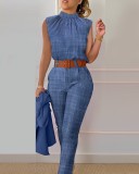 Trendy Spring Print Sleeveless Print Top Solid Pants Fashion Casual Suit (Without Coat)