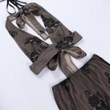 Summer Chic Elegant Slim Sexy Lace Halter Neck Two Piece Skirt Suit For Women