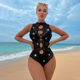 Women's Sexy Hollow Rhinestone Beaded See-Through Sexy Bodysuit Lingerie