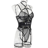 Leopard See-Through Mesh Lace-Up Sexy Underwired Bodysuit Lingerie
