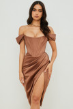 Women's solid color suspender sexy slit dress