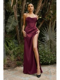 Long Solid Herringbone Strap Front Slit Low Back Lace-Up Evening Dress