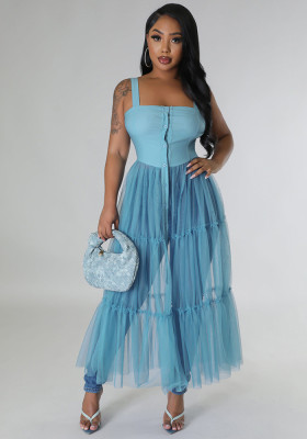 Women's Summer Strap Adjuster Single Breasted Cardigan Mesh Patchwork Dress