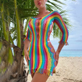 Rainbow Stripe Tassel Hollow Sexy Lingerie Women Summer Beach Bikini Dress