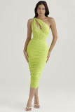 solid color pleated one-shoulder herringbone hollow dress