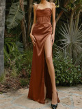 Long Solid Herringbone Strap Front Slit Low Back Lace-Up Evening Dress
