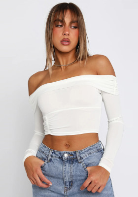 Cutout Crop Long Sleeve Square Off Shoulder Top Sexy Pleated High Stretch T-Shirt