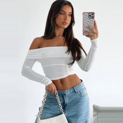 Cutout Crop Long Sleeve Square Off Shoulder Top Sexy Pleated High Stretch T-Shirt