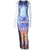 Maxi Tight Fitting Dress Street Hipster Cutout Round Neck Bodycon Printed Dress
