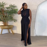 Sexy Mesh Patchwork See-Through Wide Leg Slit Low Back Jumpsuit