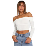 Cutout Crop Long Sleeve Square Off Shoulder Top Sexy Pleated High Stretch T-Shirt