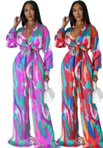 Women Printed Deep V Tie Long Sleeve Top and Pleated Pants Two-Piece Set