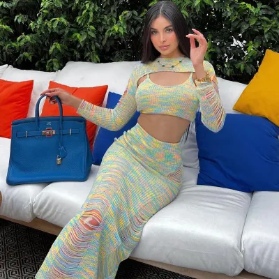 Women Summer Long Sleeve Top and Crop Top and Skirt 3 piece Set