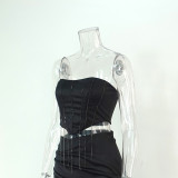 Women Flash Diamond Tassel Strapless Slit Irregular Top and Skirt Two Piece