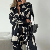 Women loose long-sleeved shirt and high-waist wide-leg pants two-piece set