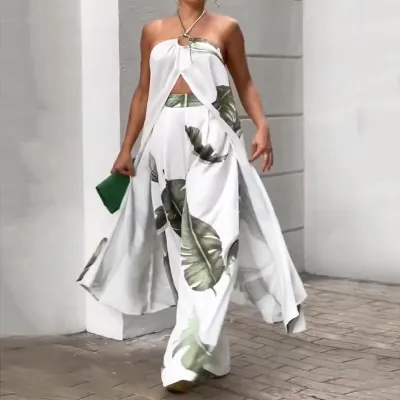 Summer Casual Women's Halter Cutout Low Back Irregular Top Loose Pants Two Piece Set