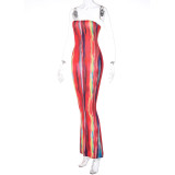 Printed Strapless High Waist Slim Sexy Bodycon Long Dress