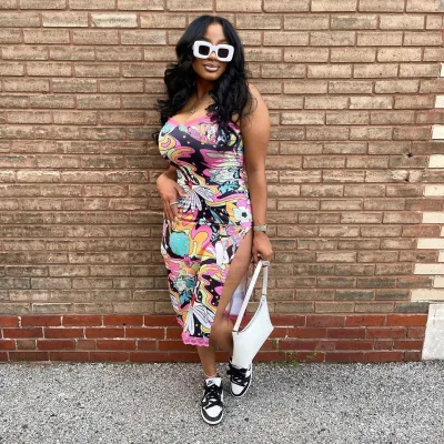 Women's Lace Edge Summer Print Sexy Straps Slit Dress