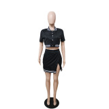 Summer Solid Sport Short Sleeve Slit Two Piece Skirt Set