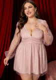 Plus Size Women's Sexy Dress Sequin See-Through Mesh Deep V Neck Long Sleeve Party Dress