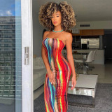 Printed Strapless High Waist Slim Sexy Bodycon Long Dress