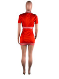 Summer Solid Sport Short Sleeve Slit Two Piece Skirt Set