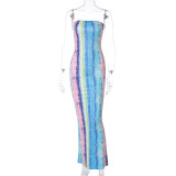 Printed Strapless High Waist Slim Sexy Bodycon Long Dress