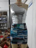 Outdoor Wear Women's Multicolor Shiny One Shoulder Top Faux Leather Print Skirt Two Piece Set