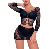 Sexy Lingerie Hollow Long Sleeve Rhinestone Sexy Tight Fitting See-Through Bodycon Skirt Set