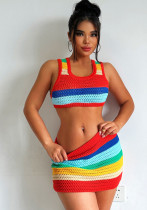 Summer Women's Sexy Hollow Knitting High Waist Contrasting Color Slim Sleeveless Bodycon Dress