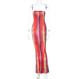 Printed Strapless High Waist Slim Sexy Bodycon Long Dress