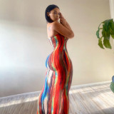 Printed Strapless High Waist Slim Sexy Bodycon Long Dress