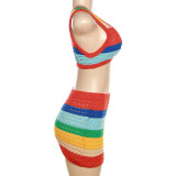 Summer Women's Sexy Hollow Knitting High Waist Contrasting Color Slim Sleeveless Bodycon Dress