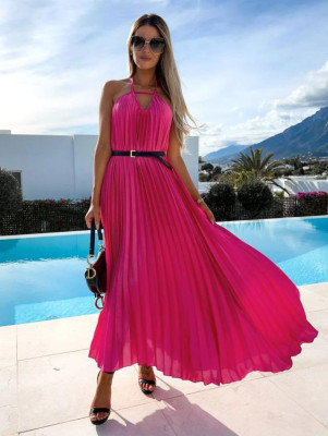 Straps Sweet Slim Waist Bohemian Long Chiffon Pleated Dress With Belt