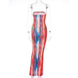 Printed Strapless High Waist Slim Sexy Bodycon Long Dress