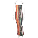 Printed Strapless High Waist Slim Sexy Bodycon Long Dress