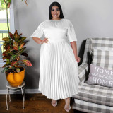 Plus Size Women's Fall Winter Pleated Round Neck Long Dress Short Sleeves