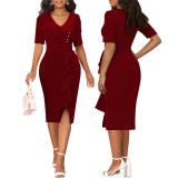 Sexy fashion solid color v-neck slit women's dress