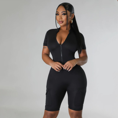 Summer Women's Sexy Tight Fitting Short Sleeve Solid Color Jumpsuit