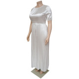 Plus Size Women's Fall Winter Pleated Round Neck Long Dress Short Sleeves