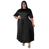 Plus Size Women's Fall Winter Pleated Round Neck Long Dress Short Sleeves