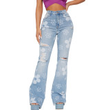 Women Trend Print Stretch Bell Bottom Denim Pants