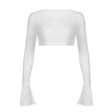 Women Solid Casual See-Through Long Sleeve Crop Top