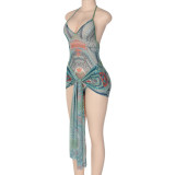 Women Printed Sexy V-Neck Halter Neck Tie Bodysuit Silk Scarf Skirt Two-Piece Set